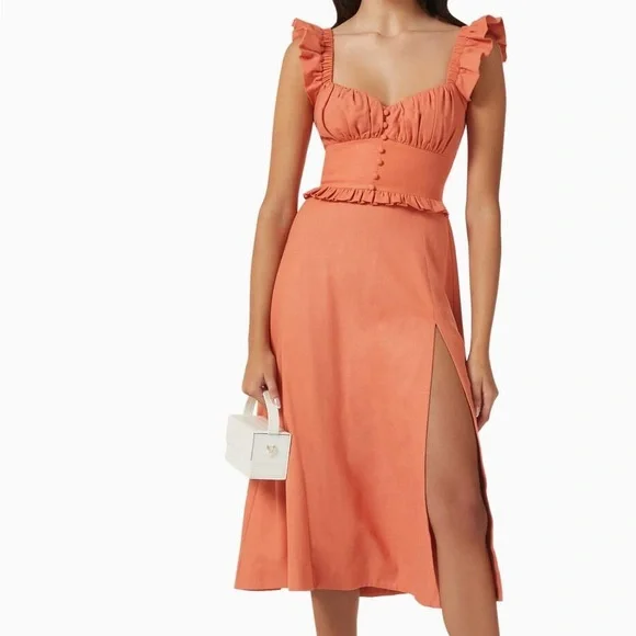 Lavish Alice: Ruffled Tie Back Garden Spring Midi Dress in Coral Linen Blend - Picture 1 of 16